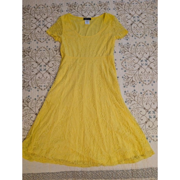 Slinky Brand Knee Length Fit And Flair Short Sleeve Yellow Lace Dress Size S - Picture 1 of 9